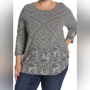 Lucky Brand Black and Light Blue Graphic Long Sleeve Blouse